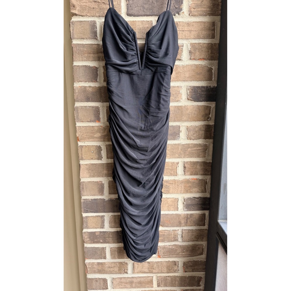 Saints + Secrets Bodycon LBD Dress Ruched V-Neck Midi Womens Medium Black